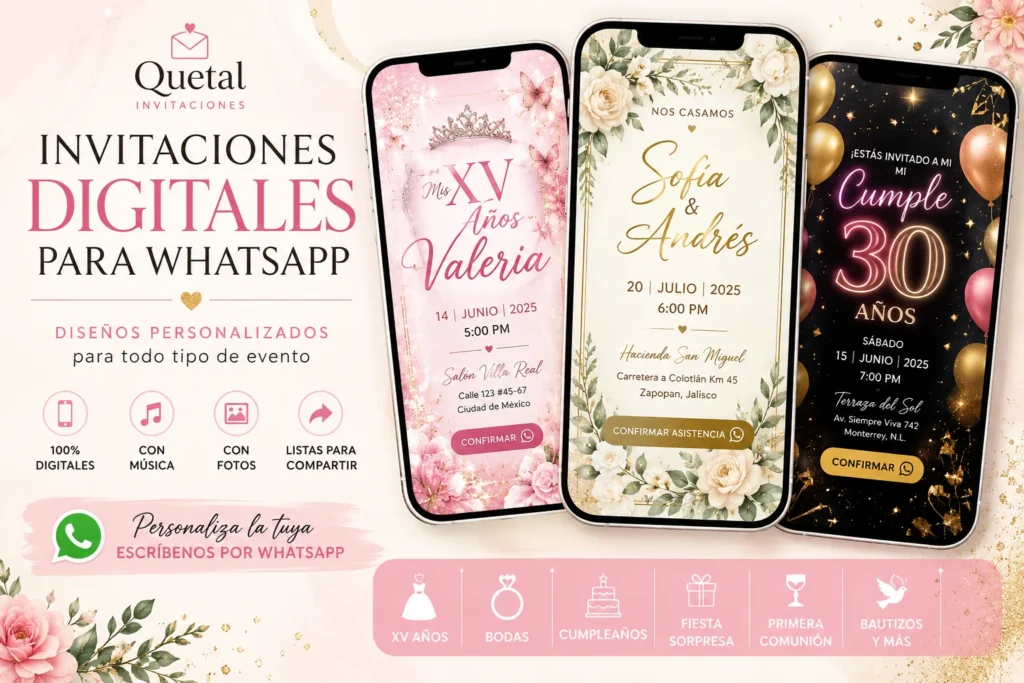 Invitaciones digitales para WhatsApp de XV años, bodas, cumpleaños, eventos especiales y fiestas sorpresa