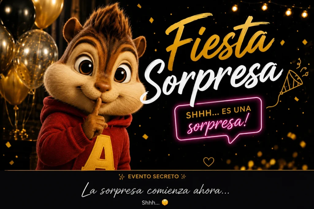 Invitación digital para fiesta sorpresa con una ardilla haciendo señal de silencio.